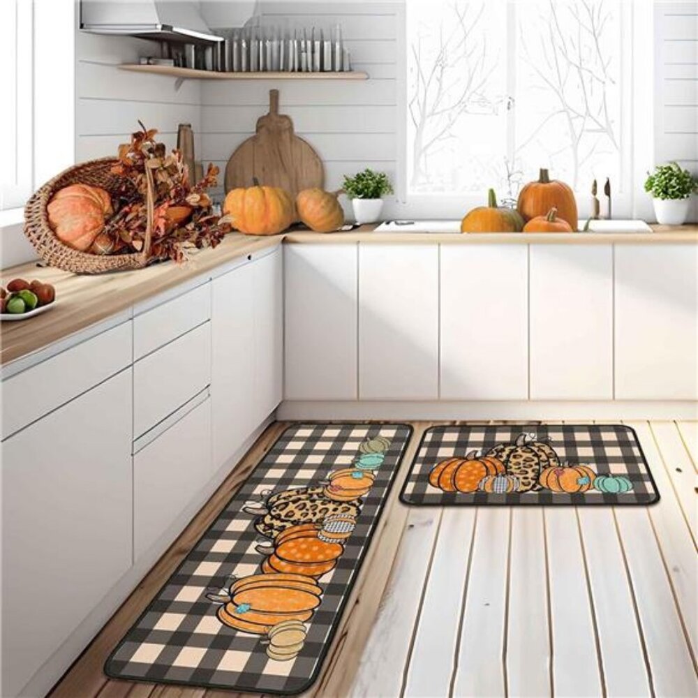 Fall Kitchen Rugs and Mats Set of 2, Thanksgiving Non-Slip Backing Decorations